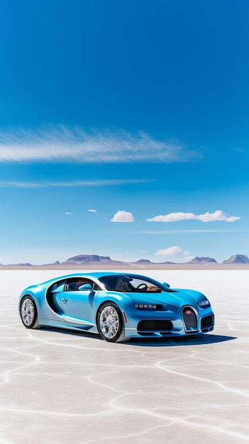 Foto un bugatti veyron azul en un lago salado