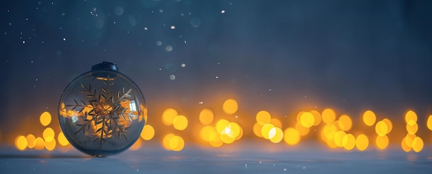 Bugiganga de árvore de Natal de vidro em fundo escuro com neve e luzes douradas brilhantes