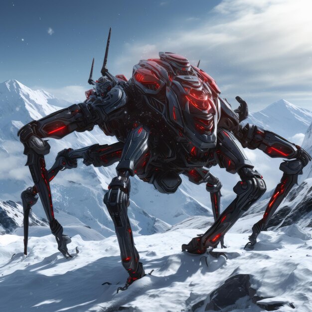 Bugs mech desencadeado lutando contra os vermelhos e os pretos nas montanhas de neve