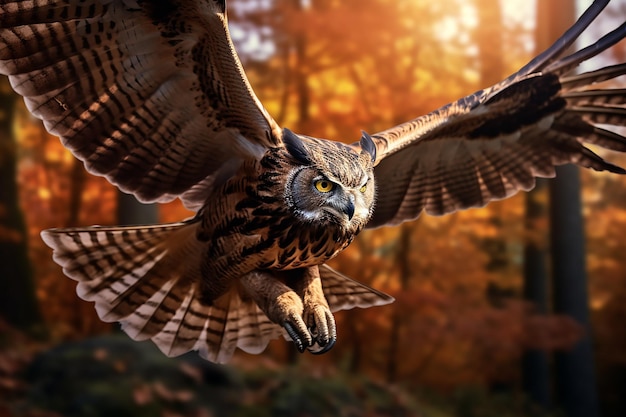 El búho águila de Eurasia en vuelo Majestico pájaro con las alas abiertas