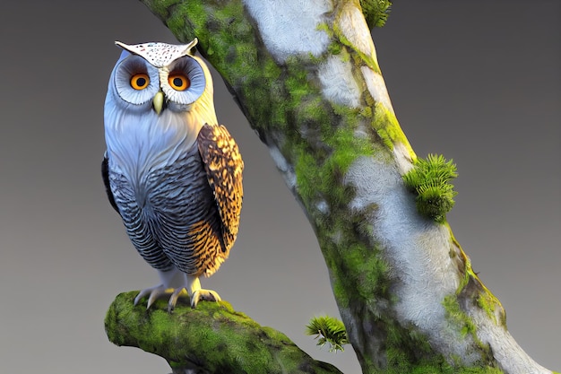 Búho en el árbol 3D Render Raster ilustración