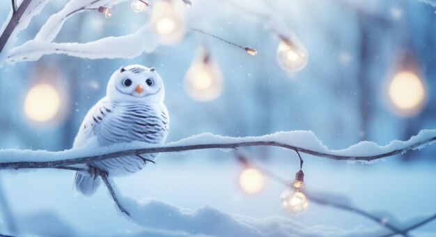 Búho blanco encima de ramas con luces y nieve vacaciones navideñas IA generativa