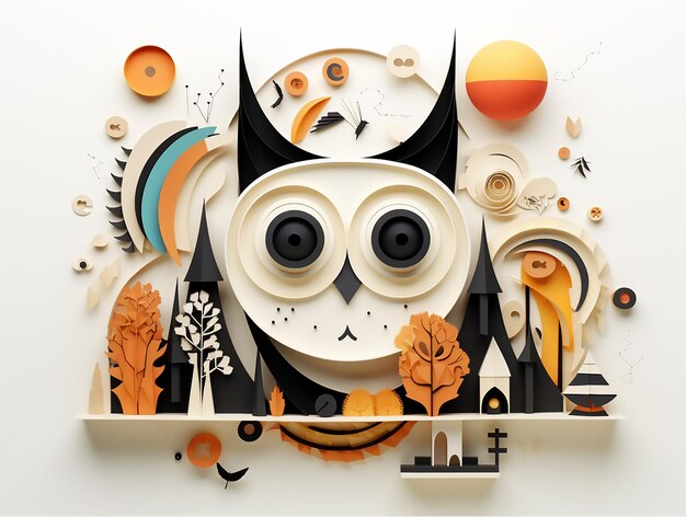 Búho y la ciudad Concepto de ilustración de Halloween collage de papel y medios mixtos Diseño minimalista