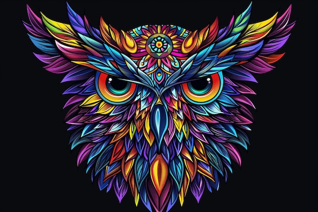 "Un búho colorido con intrincados patrones de plumas de mandala"