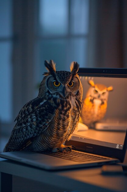 Foto un búho con una computadora portátil