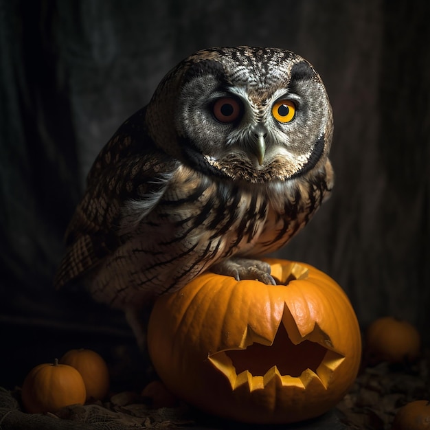 Un búho depredador con pico ganchudo se sienta sobre una calabaza de Halloween fondo creativo inusual de Halloween