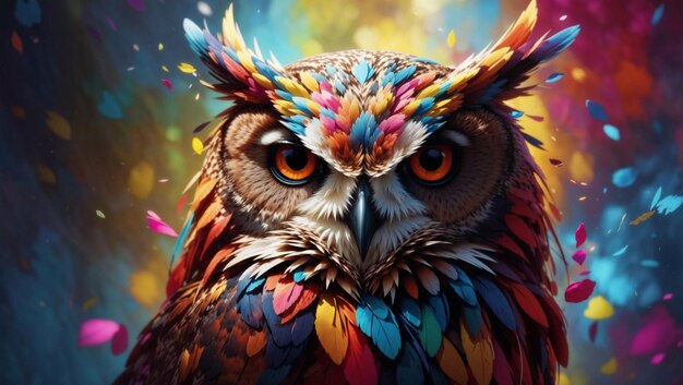 El búho es una ilustración digital colorida de arte de fantasía.