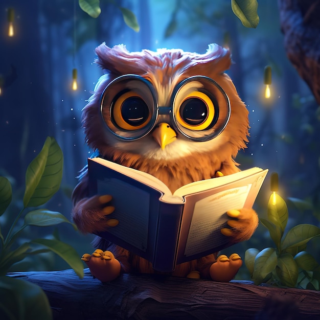búho con gafas leyendo un libro bosque encantado