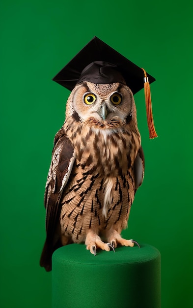 Un búho con una gorra de graduación y una borla.