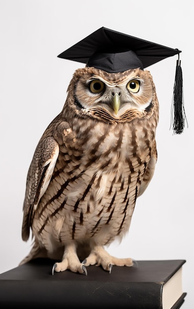 Un búho con una gorra de graduación con la palabra búho en él.