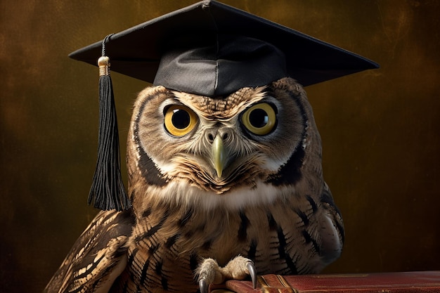 Un búho con una gorra de graduación se sienta en un libro.