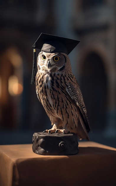 Un búho con una gorra de graduación se sienta en una mesa.