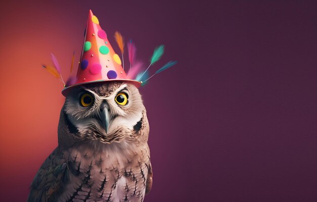 Un búho con gorro de fiesta con gorro de fiesta.