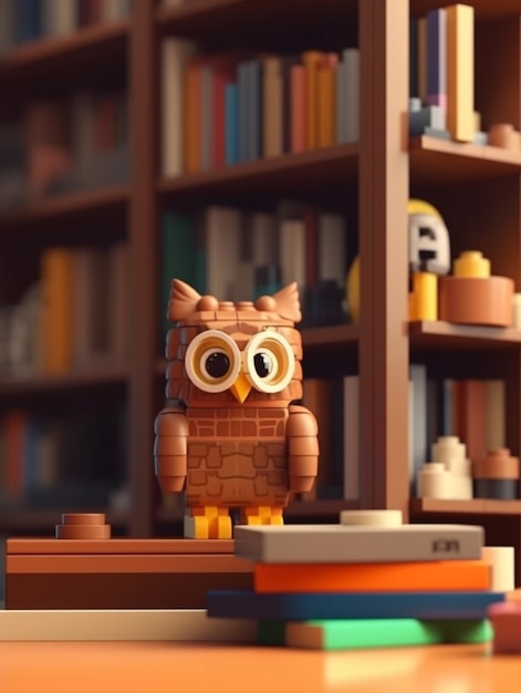 Un búho de lego se para frente a un estante de libros con una librería al fondo.