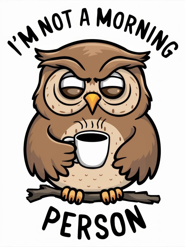 Foto el búho malhumorado sosteniendo una taza de café ilustración im no es un tema de persona de la mañana