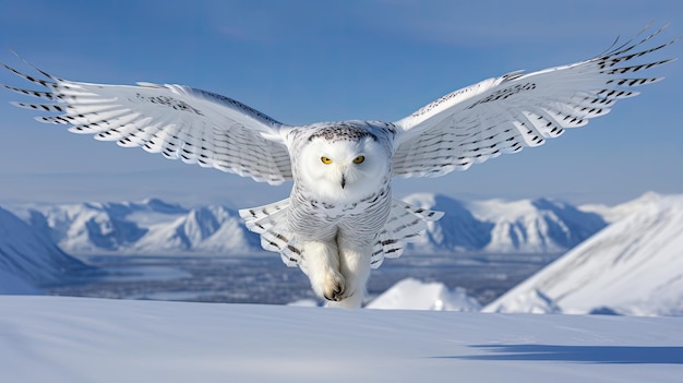 Un búho de nieve deslizándose con gracia sobre una tundra congelada