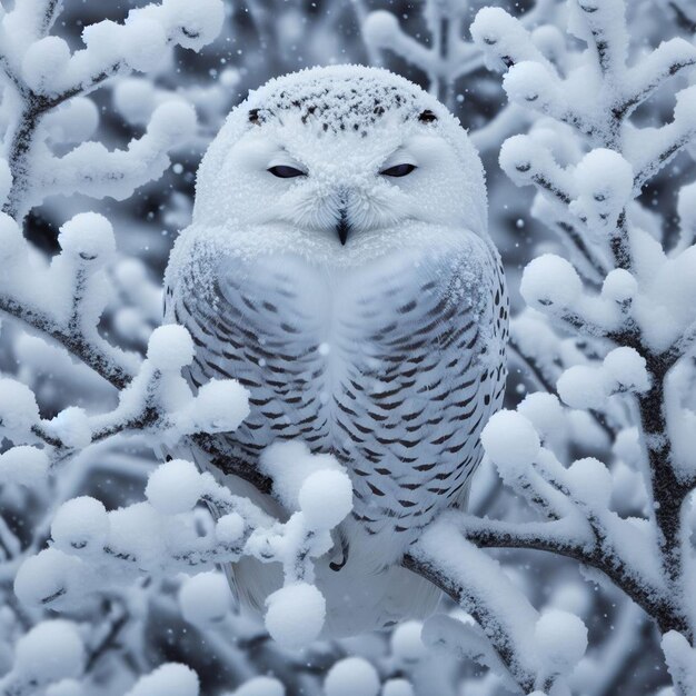 Foto un búho de nieve se sienta en un árbol con nieve en él