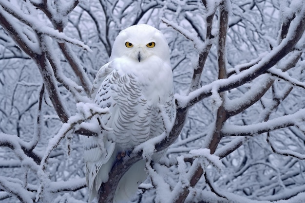 Foto búho nival camuflado en un árbol cubierto de nieve