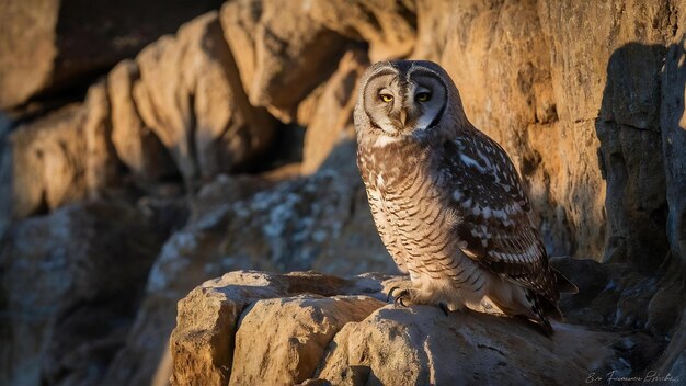 Foto el búho nocturno ateniense se alza en las rocas durante el día