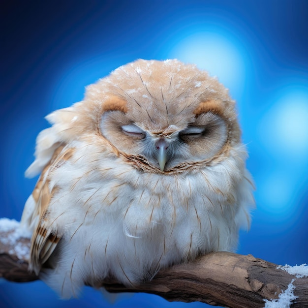 Foto búho pacífico descansando contra un fondo azul suave