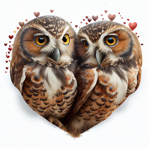 Búho pájaros pareja enamorada de corazones tarjeta del día de san valentín 3d render ilustración