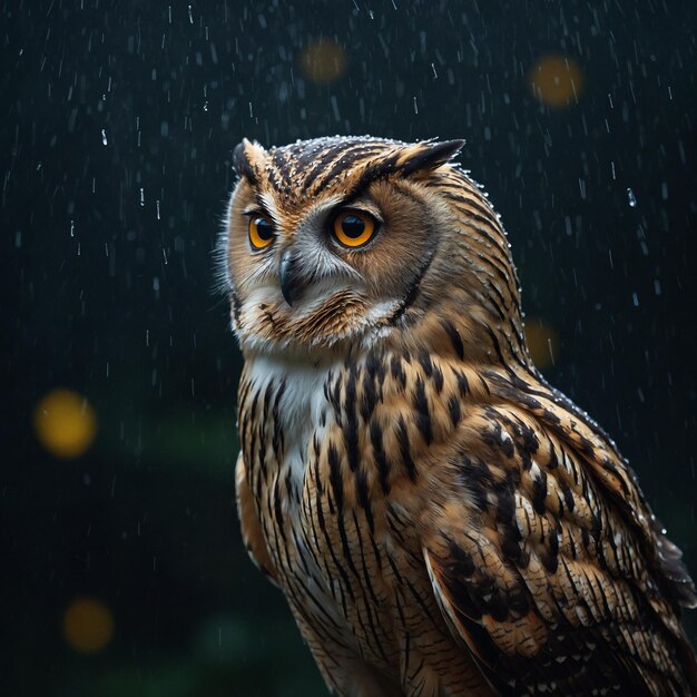 Foto un búho está de pie en la lluvia con un fondo borroso