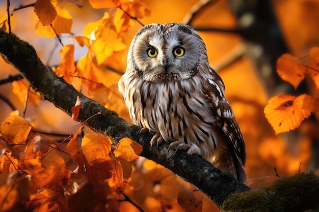 Foto el búho pigmeo strix nebulosa en otoño el otoño en la naturaleza con un búho ural el búho strix uralensis sentado en una rama de árbol con hojas de naranja en un bosque de robles noruega una escena de vida silvestre generada por ia