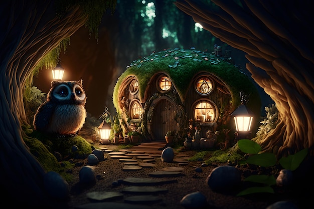 El búho protege la casa de cuento de hadas en el bosque, el hogar de los hobbits y los elfos del bosque. Luz en las ventanas de la cabaña.