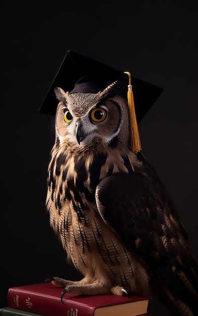 Un búho sabio con un gorro de graduación en la cabeza.