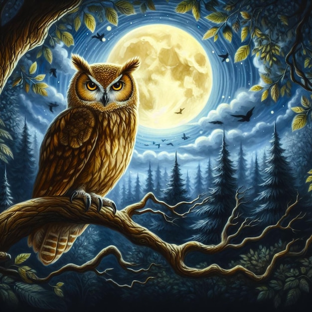 Un búho sabio sentado en una rama iluminada por la luna observando el bosque de abajo