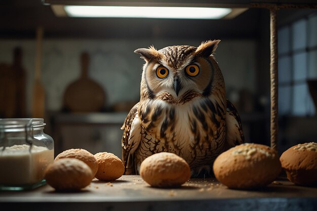 Foto el búho sabio supervisa el proceso de horneado con ojo atento