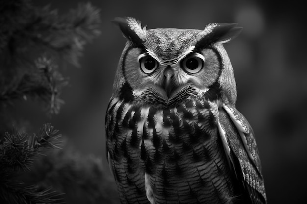 Búho salvaje en el bosque Elemento de vida silvestre de estilo blanco y negro AI generado