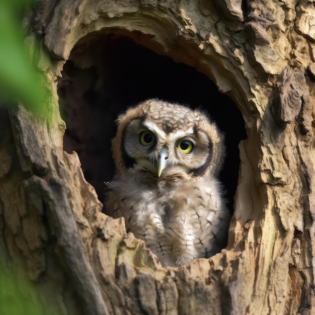 Foto el búho sentado en el árbol hueco en el bosque verde símbolo de sabiduría ia generativa