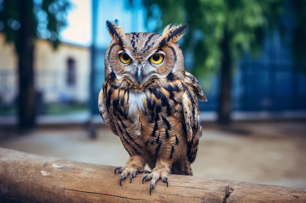 un búho sentado en una rama en un zoológico