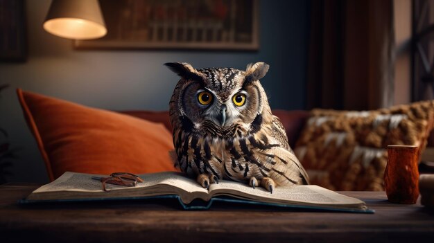 Un búho se sienta en un libro frente a una lámpara.