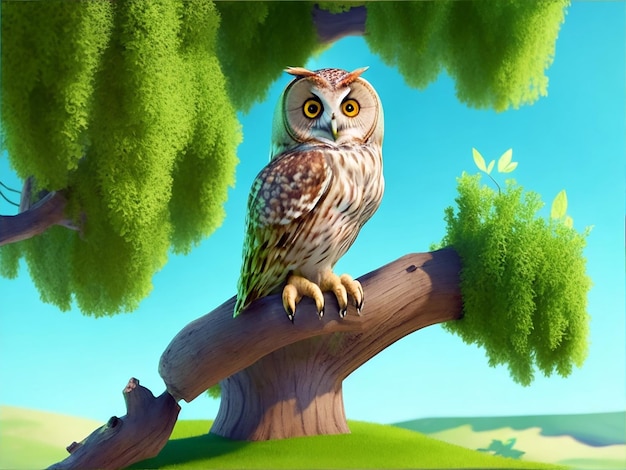 Un búho se sienta en la rama de un árbol verde en un claro día de verano en una ilustración 3d de estilo caricatura