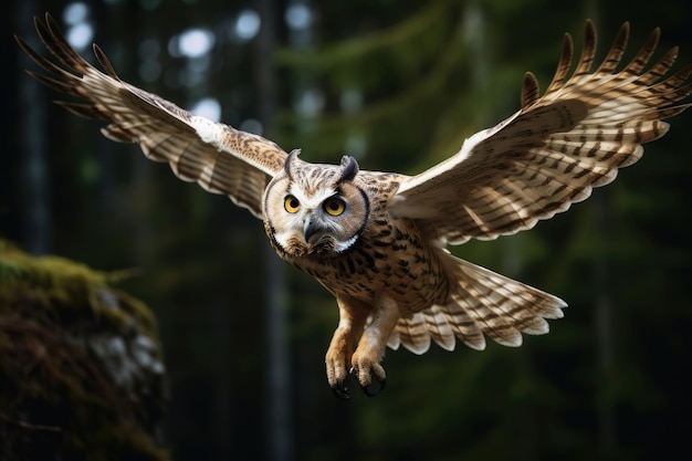 Búho volador en la naturaleza