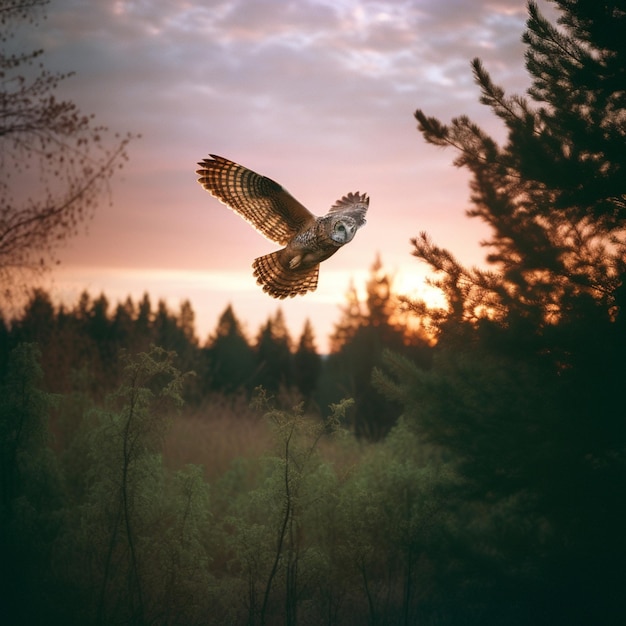 Un búho volando en el cielo con la puesta de sol detrás de él.