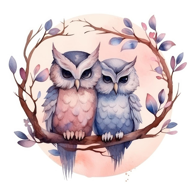 búhos de amor en la ilustración de fondo de acuarela