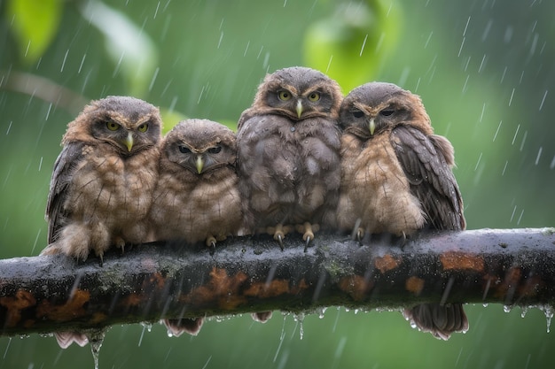 Los búhos bebés se apiñan en la rama protegidos de la lluvia y el viento creados con IA generativa