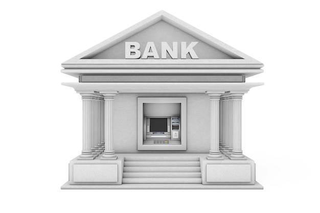 Build In Bank Cash ATM Machine als Bankgebäude auf weißem Hintergrund. 3D-Rendering