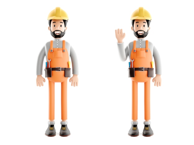 Builder-Cartoon-Figur, lustiger Arbeiter oder Ingenieur 3D-Illustration.