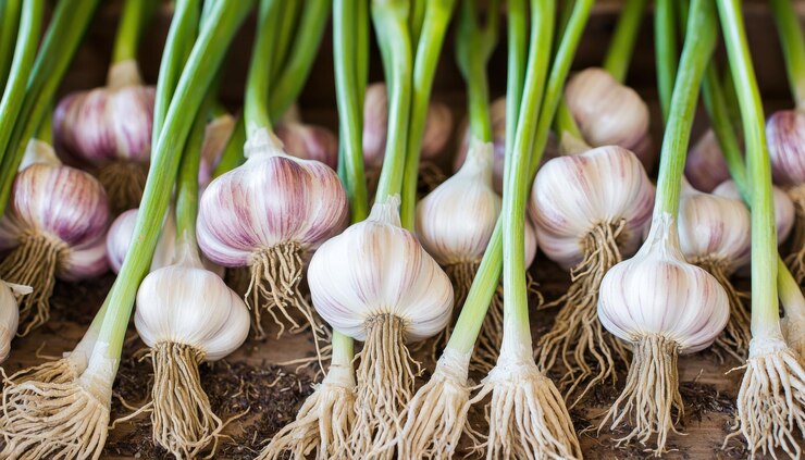 Bulbos de ajo frescos con brotes verdes que muestran sus raíces y colores vibrantes