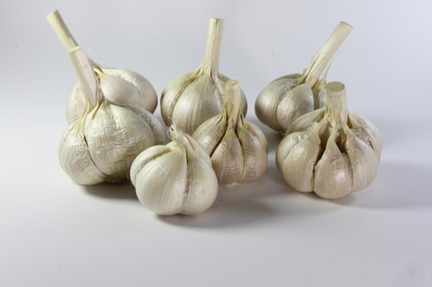 Bulbos de ajo o allium sativum sobre un fondo blanco