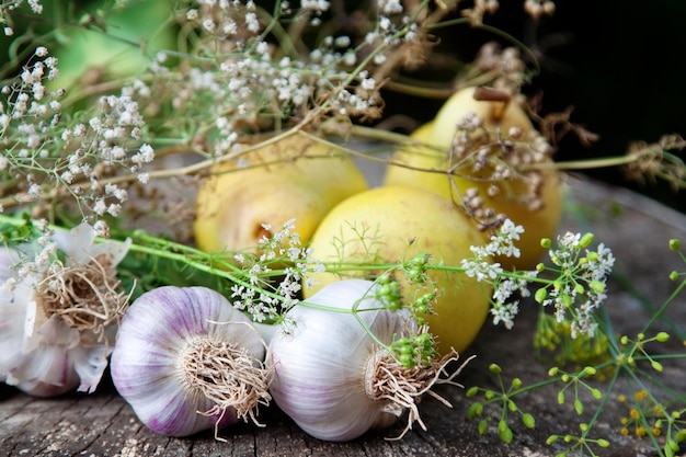 Bulbos de alho e ervas de especiarias em fundo de madeira natural