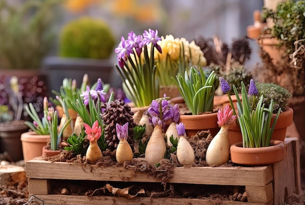 Bulbos de flores de primavera en una olla