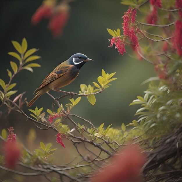 Bulbul de garganta rufa en una rama con flores rojas ai generativo