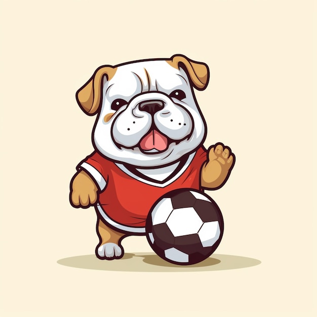 Foto buldogue de desenho animado com bola de futebol em camisa vermelha de pé em um fundo branco