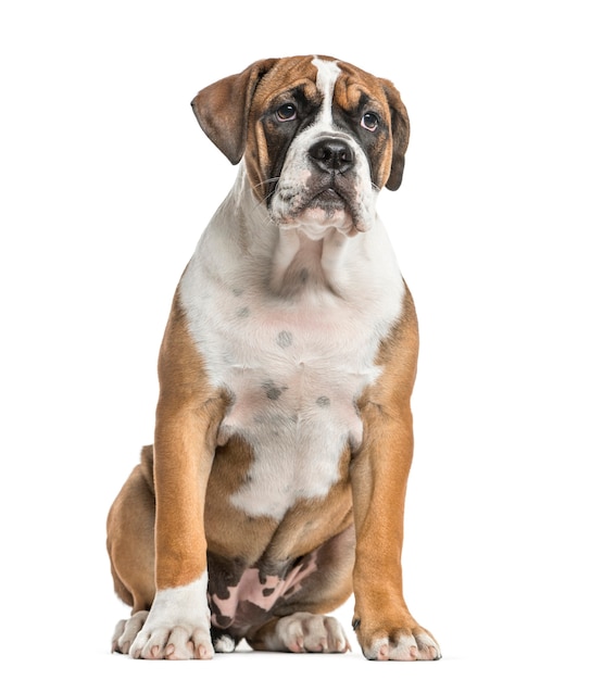 Foto buldogue e boxeador ingleses sem raça definida, sentado, isolado no branco