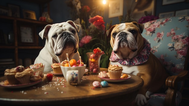 Foto buldogues sentados na cadeira e comendo comida